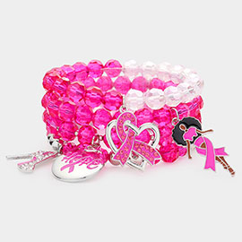 4PCS - Pink Ribbon Stiletto Heel Hope Message Afro Girl Charm Faceted Beaded Stretch Bracelets